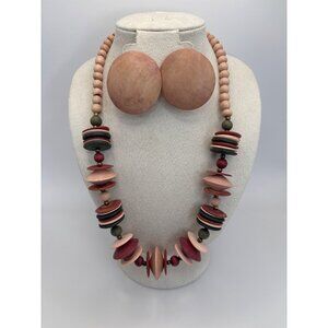 Vintage 1980's Natural Tone Wood Beaded Chunky Statement Necklace & Earrings